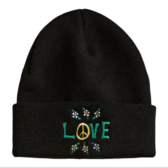 Coney Island Picnic Love Beanie Embroidered Peace Symbol Black NEW - Picture 1 of 7